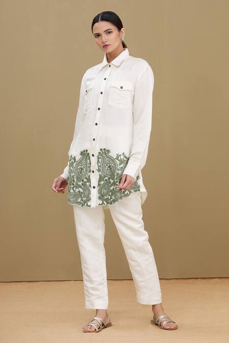 Buy_Kartikeya India_White Linen Satin Blend Collared Neck Embroidered Shirt_Online_at_Aza_Fashions