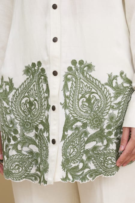 Kartikeya India_White Linen Satin Blend Collared Neck Embroidered Shirt_at_Aza_Fashions