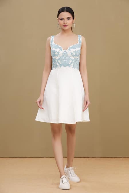 Shop_Kartikeya India_White Linen Satin Blend Sweetheart Neck Embroidered Corset Dress_Online_at_Aza_Fashions