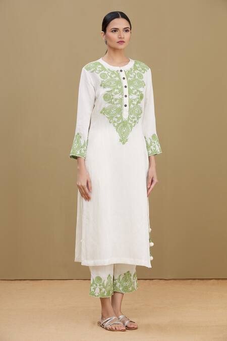 Kartikeya India_White Linen Satin Blend Embroidery Mandarin Collar Kurta And Pant Set _Online_at_Aza_Fashions