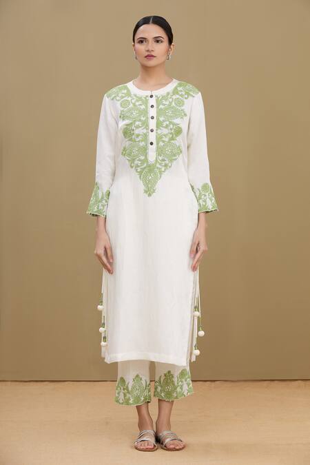 Buy_Kartikeya India_White Linen Satin Blend Embroidery Mandarin Collar Kurta And Pant Set _Online_at_Aza_Fashions