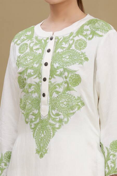 Shop_Kartikeya India_White Linen Satin Blend Embroidery Mandarin Collar Kurta And Pant Set _Online_at_Aza_Fashions