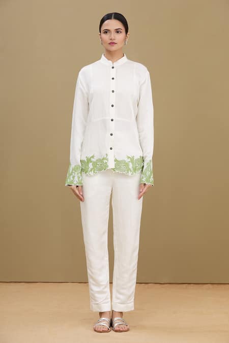 Kartikeya India_White Linen Satin Blend Mandarin Collar Embroidered Shirt_Online_at_Aza_Fashions