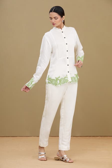 Buy_Kartikeya India_White Linen Satin Blend Mandarin Collar Embroidered Shirt_Online_at_Aza_Fashions