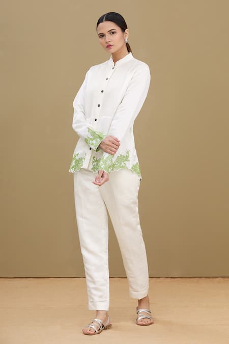 Shop_Kartikeya India_White Linen Satin Blend Mandarin Collar Embroidered Shirt_Online_at_Aza_Fashions