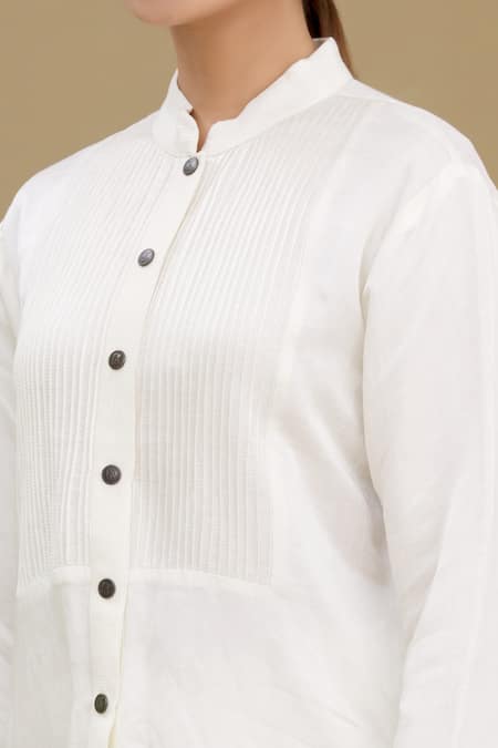 Kartikeya India_White Linen Satin Blend Mandarin Collar Embroidered Shirt_at_Aza_Fashions