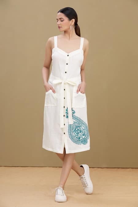 Kartikeya India_White Linen Satin Blend Sweetheart Neck Midi Dress_Online_at_Aza_Fashions