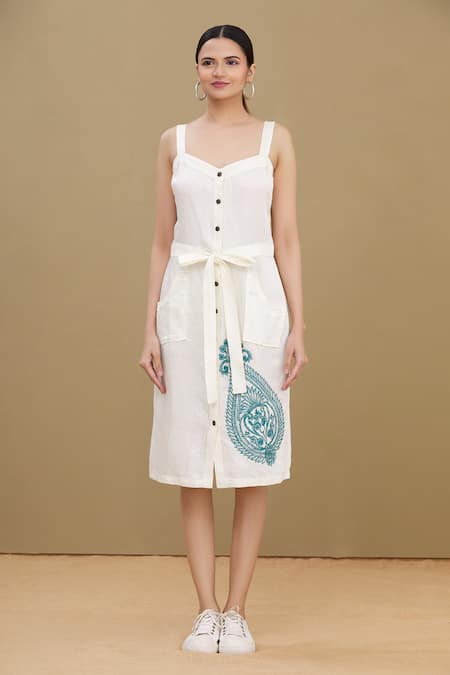 Shop_Kartikeya India_White Linen Satin Blend Sweetheart Neck Midi Dress_Online_at_Aza_Fashions