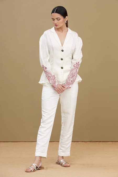 Kartikeya India_White Linen Satin Blend Notched Lapel Bolero Top_Online_at_Aza_Fashions