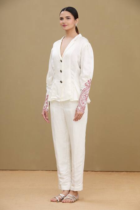 Shop_Kartikeya India_White Linen Satin Blend Notched Lapel Bolero Top_Online_at_Aza_Fashions