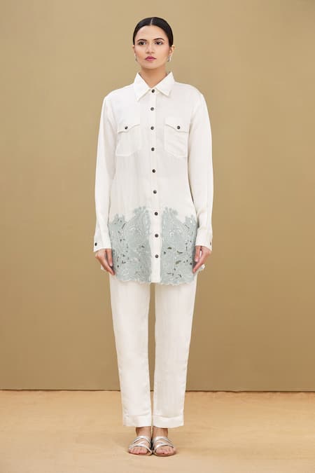 Kartikeya India_White Linen Satin Blend Collared Neck Embroidered Shirt_Online_at_Aza_Fashions