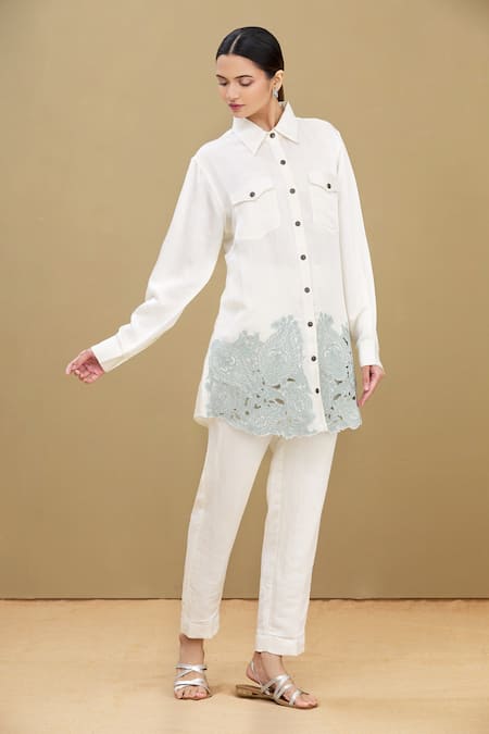 Buy_Kartikeya India_White Linen Satin Blend Collared Neck Embroidered Shirt_Online_at_Aza_Fashions
