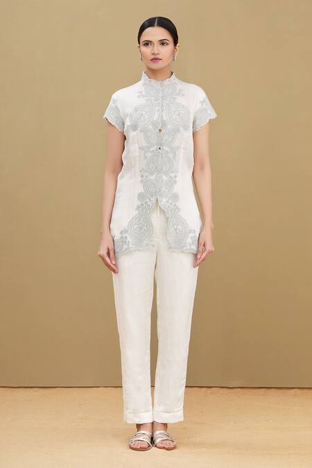 Kartikeya India_White Linen Satin Blend Round Embroidered Top_Online_at_Aza_Fashions