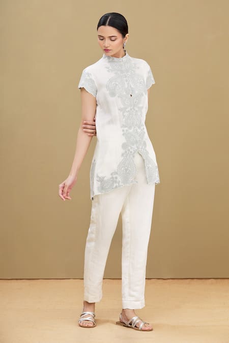 Buy_Kartikeya India_White Linen Satin Blend Round Embroidered Top_Online_at_Aza_Fashions