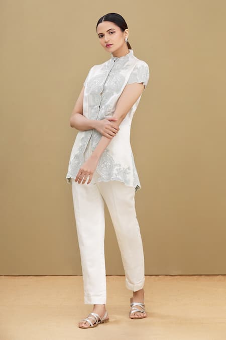 Shop_Kartikeya India_White Linen Satin Blend Round Embroidered Top_Online_at_Aza_Fashions