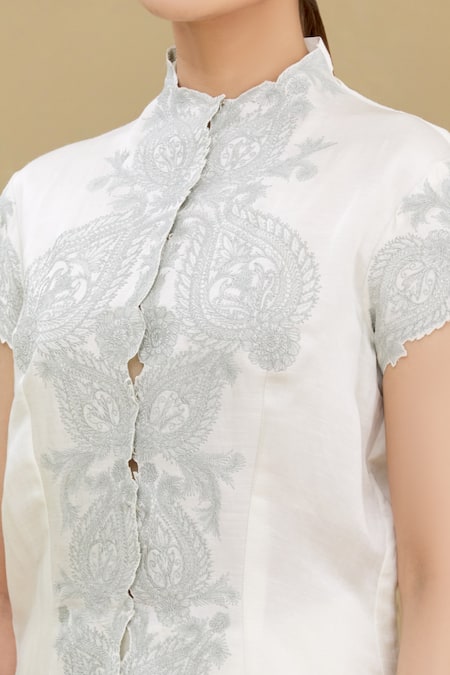 Kartikeya India_White Linen Satin Blend Round Embroidered Top_at_Aza_Fashions