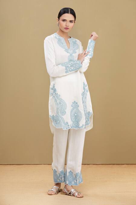 Buy_Kartikeya India_White Linen Satin Blend Embroidery Round Kurta And Pant Set _Online_at_Aza_Fashions