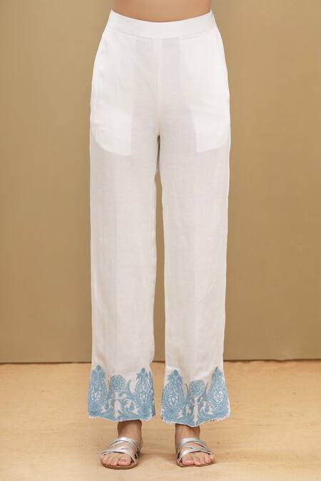 Shop_Kartikeya India_White Linen Satin Blend Embroidery Round Kurta And Pant Set _Online_at_Aza_Fashions