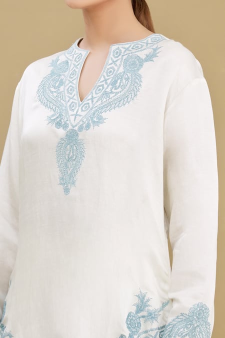 Kartikeya India_White Linen Satin Blend Embroidery Round Kurta And Pant Set _at_Aza_Fashions