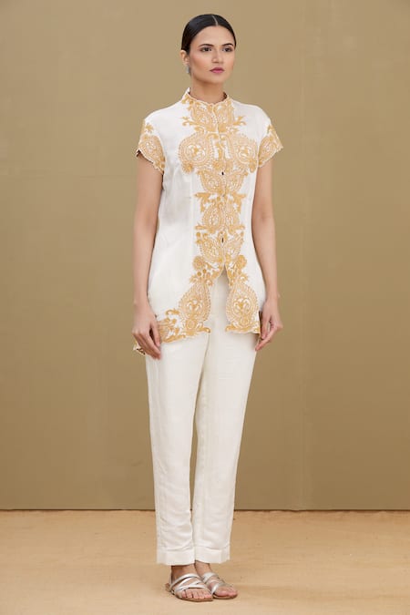 Buy_Kartikeya India_White Linen Satin Blend Round Embroidered Top_Online_at_Aza_Fashions