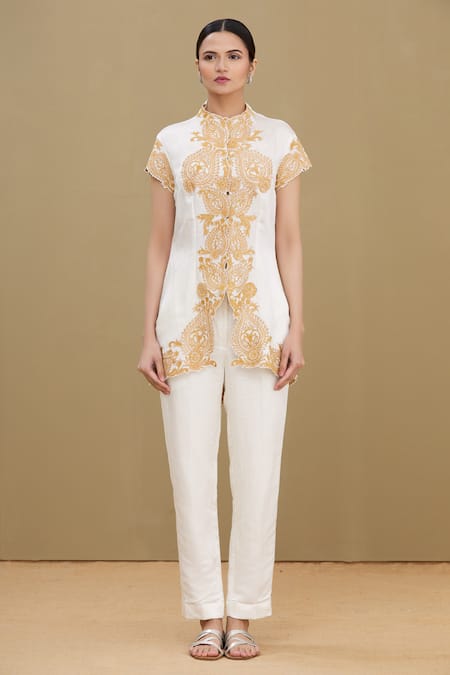 Shop_Kartikeya India_White Linen Satin Blend Round Embroidered Top_Online_at_Aza_Fashions
