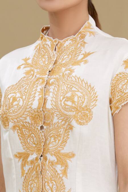 Kartikeya India_White Linen Satin Blend Round Embroidered Top_at_Aza_Fashions