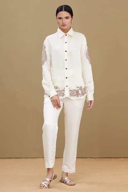 Kartikeya India_White Linen Satin Blend Collared Neck Embroidered Shirt_Online_at_Aza_Fashions