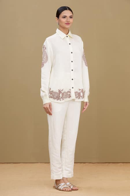 Buy_Kartikeya India_White Linen Satin Blend Collared Neck Embroidered Shirt_Online_at_Aza_Fashions