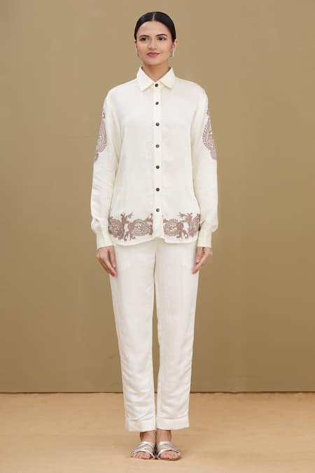 Shop_Kartikeya India_White Linen Satin Blend Collared Neck Embroidered Shirt_Online_at_Aza_Fashions