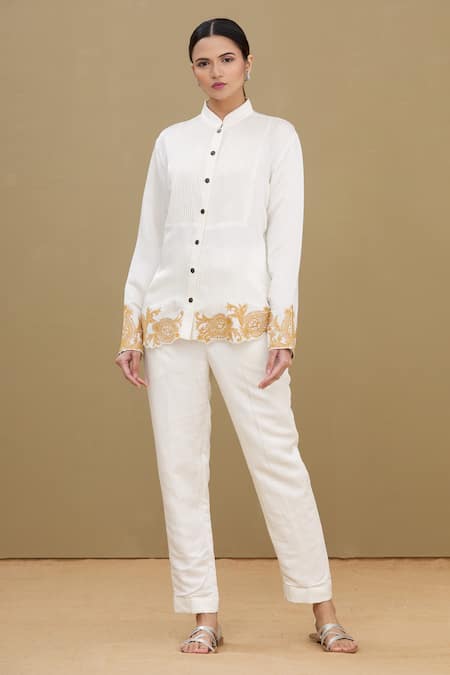 Kartikeya India_White Linen Satin Blend Mandarin Collar Embroidered Shirt_Online_at_Aza_Fashions