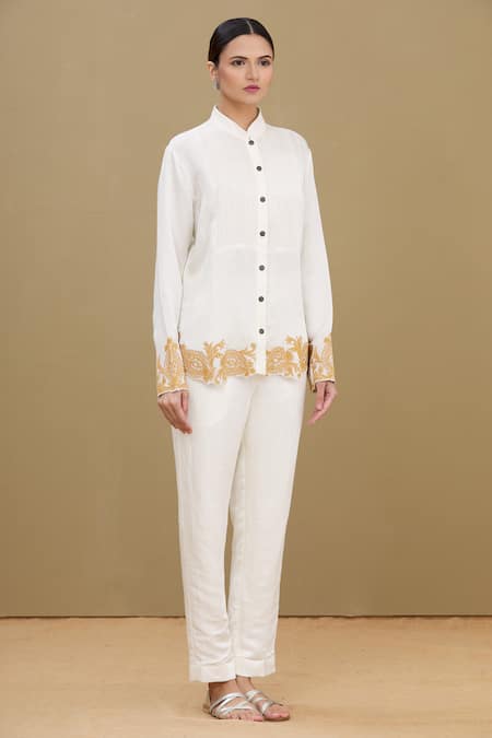 Buy_Kartikeya India_White Linen Satin Blend Mandarin Collar Embroidered Shirt_Online_at_Aza_Fashions