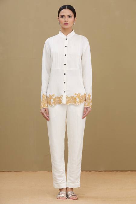 Shop_Kartikeya India_White Linen Satin Blend Mandarin Collar Embroidered Shirt_Online_at_Aza_Fashions