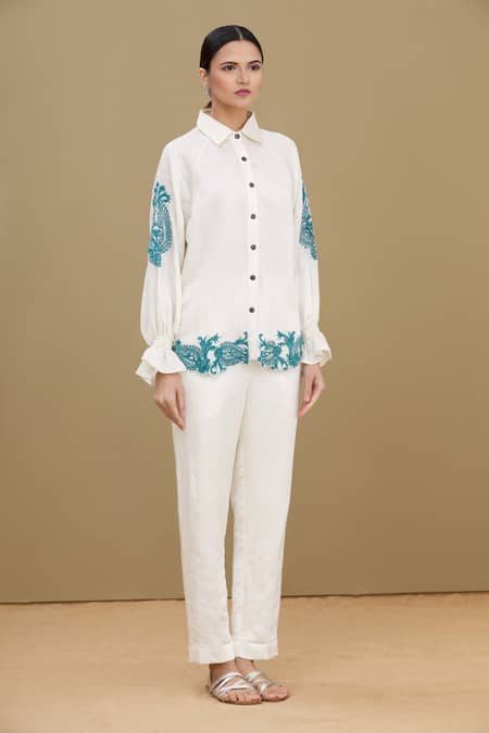 Kartikeya India_White Linen Satin Blend Collared Neck Embroidered Shirt_Online_at_Aza_Fashions