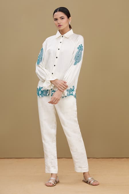 Buy_Kartikeya India_White Linen Satin Blend Collared Neck Embroidered Shirt_Online_at_Aza_Fashions