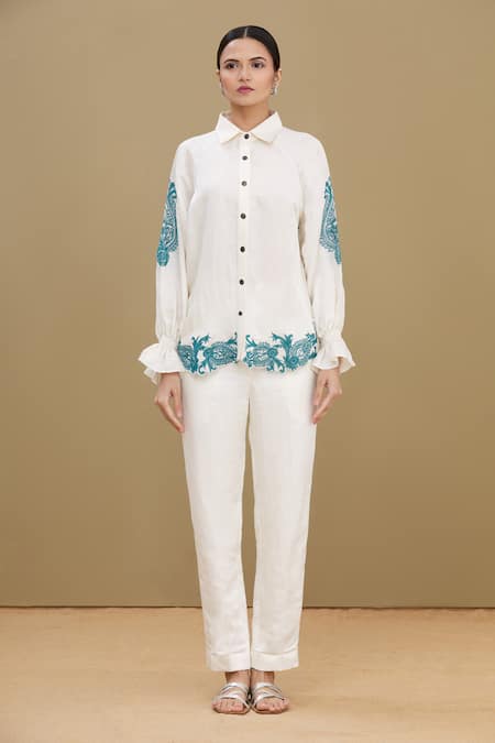 Shop_Kartikeya India_White Linen Satin Blend Collared Neck Embroidered Shirt_Online_at_Aza_Fashions
