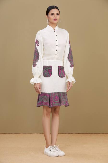 Kartikeya India_White Linen Satin Blend Mandarin Collar Dress_Online_at_Aza_Fashions