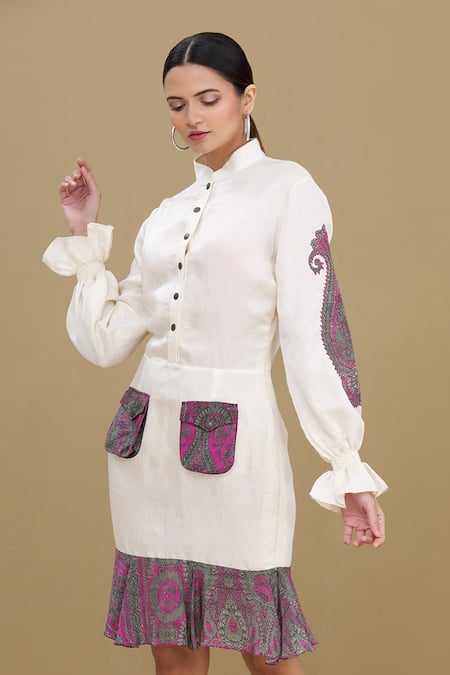 Kartikeya India White Linen Satin Blend Embroidery Mandarin Collar Dress 