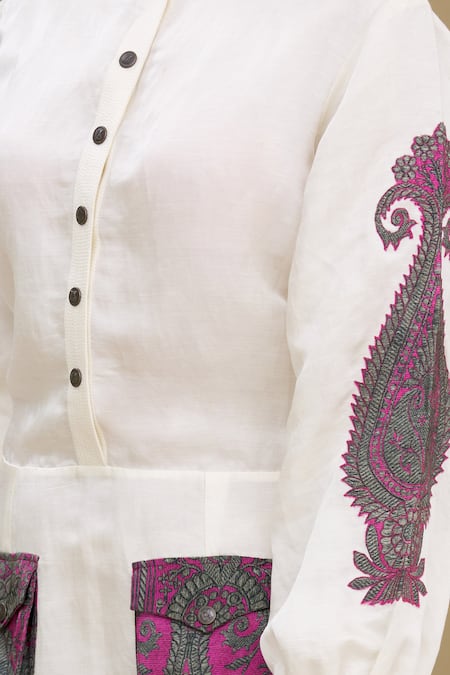 Kartikeya India_White Linen Satin Blend Mandarin Collar Dress_at_Aza_Fashions