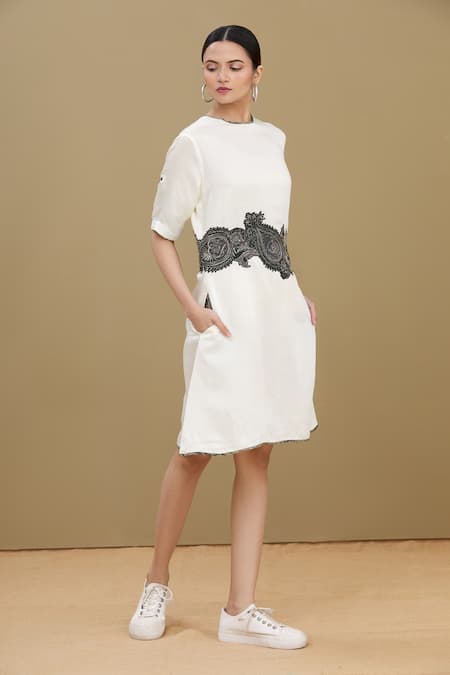 Kartikeya India_White Linen Satin Blend Round Dress_Online_at_Aza_Fashions