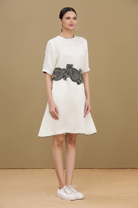 Buy_Kartikeya India_White Linen Satin Blend Round Dress_Online_at_Aza_Fashions