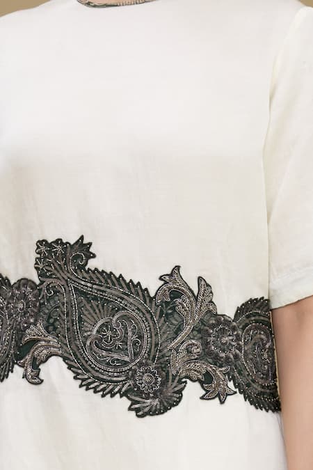 Kartikeya India_White Linen Satin Blend Round Dress_at_Aza_Fashions