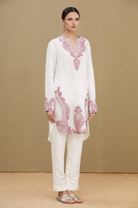 Kartikeya India_White Linen Satin Blend Embroidery Round Kurta _Online_at_Aza_Fashions