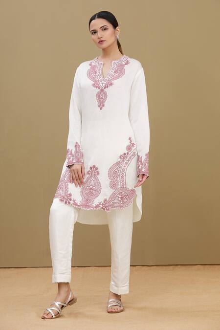 Buy_Kartikeya India_White Linen Satin Blend Embroidery Round Kurta _Online_at_Aza_Fashions