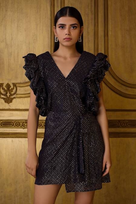 Kangana Trehan_Black Georgette V Neck Embellished Wrap Dress_at_Aza_Fashions