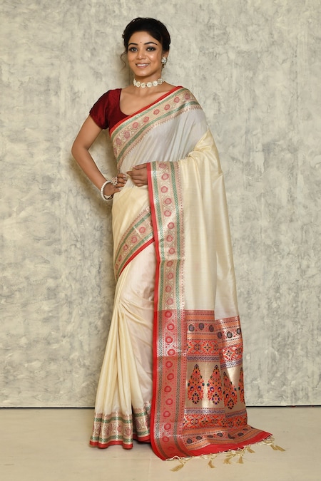 Cream Bridal Woven Banarasi Silk Saree With Red Blouse