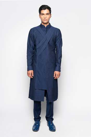 Buy_Amaare_Blue Wool Bend Asymmetric Kurta And Pant Set _Online_at_Aza_Fashions