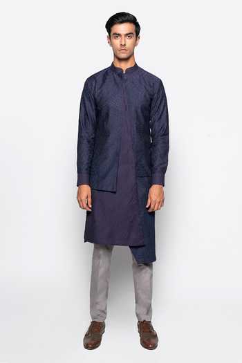 Amaare_Blue Wool Bend Asymmetric Kurta And Pant Set _Online_at_Aza_Fashions