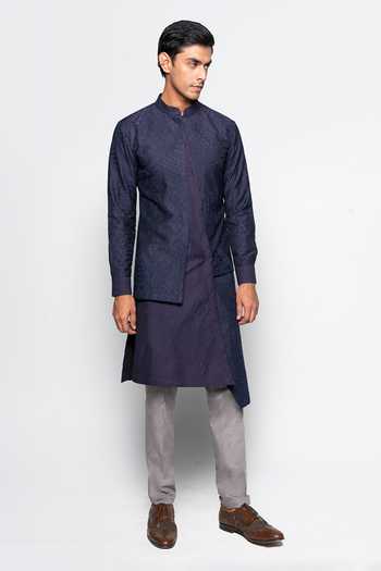 Buy_Amaare_Blue Wool Bend Asymmetric Kurta And Pant Set _Online_at_Aza_Fashions
