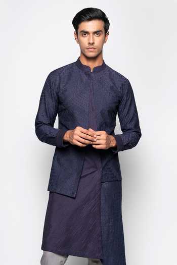 Shop_Amaare_Blue Wool Bend Asymmetric Kurta And Pant Set _Online_at_Aza_Fashions