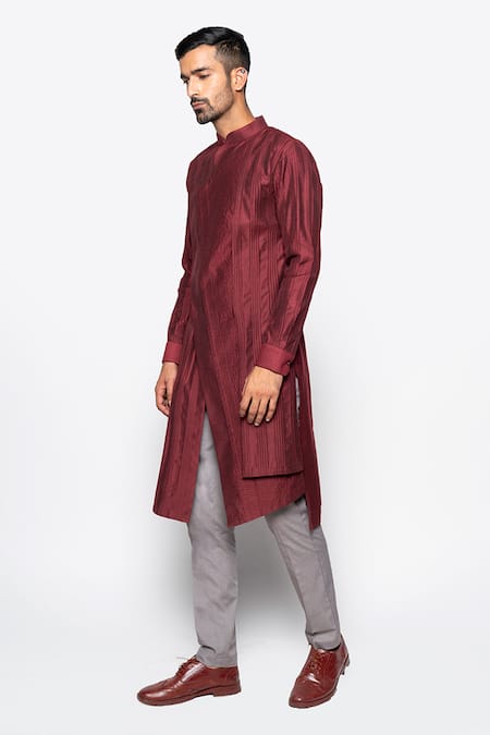 Amaare_Maroon Wool Bend Asymmetric Kurta And Pant Set  _Online_at_Aza_Fashions
